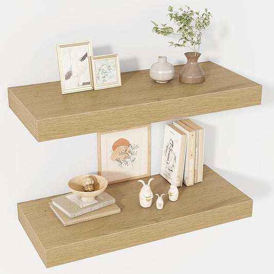 24 Inch Floating Shelves, 12" Deep Floating Shelf Wall Mounted, 24" Wall Shelves, Rustic Deep Bookshelf, Extra Deeper & Thicker Display Shelves for Bedroom, Living Room, Oak, Set of 2