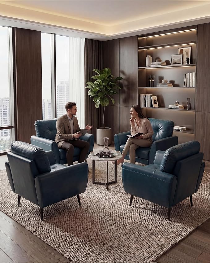 TYBOATLE Accent Chairs Set of 2, Comfy Modern Living Room Blue Faux Leather Reading Accent Chairs Tufted Mid Century Arm Chair Small Salon Chair for Office Bedroom (2, Blue)