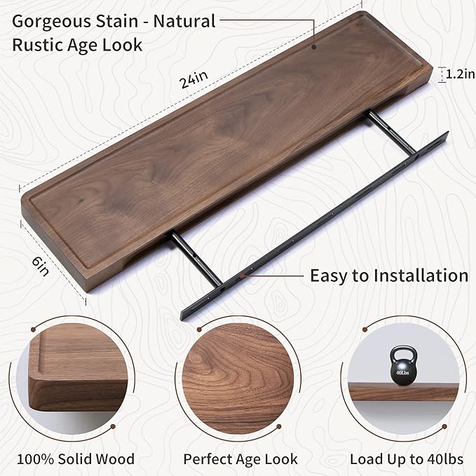 Axeman Walnut Floating Shelves for Wall 24 Inch | 24W x 6D Solid Walnut Wood Shelves Set of 2 | Natural Wooden Shelves for Living Room Bedroom Kitchen