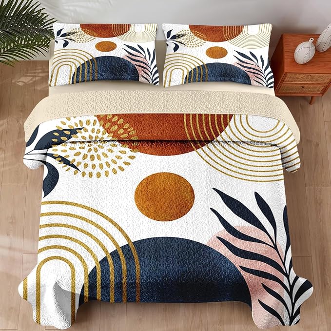 Pamnest Quilt Set Twin Size, Gold Yellow Mid Century 2 Pcs Soft Bed Cover Bedding Set for Kids and Adults, Sun Boho Geometric Leaf Lightweight Bedspread Coverlet with Pillow Sham for All Season