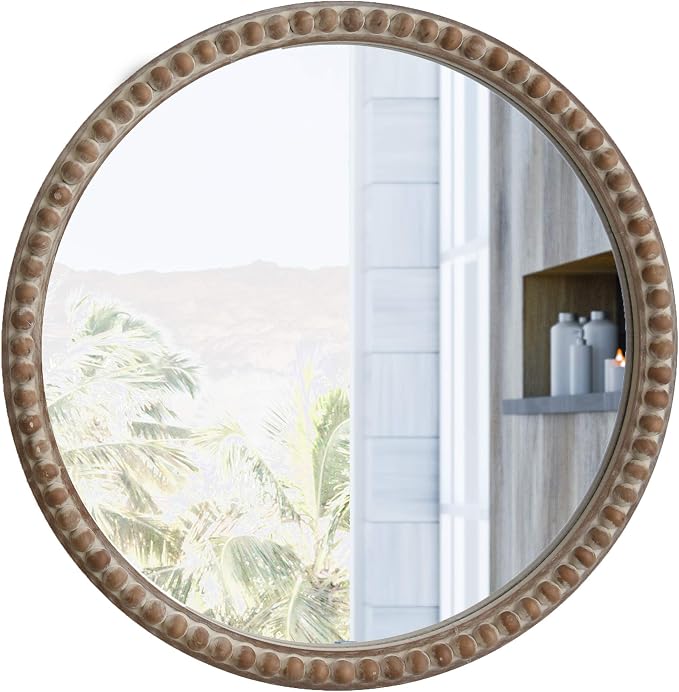 COZAYH Distressed Wood Frame Accent Mirror, Rustic Farmhouse Style Decorative Wall Mirror (Round)