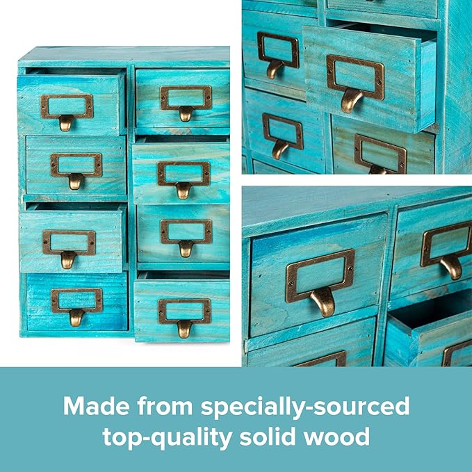 Teal 16-Slot Wooden Drawer Unit - Country Style Desk Organizer Box - 20"x3.6”x14” Wooden Storage Box w/ 16 Drawers - Countertop Drawers w/Label Holder & Handle - Slim 4-Level Desk Organizer