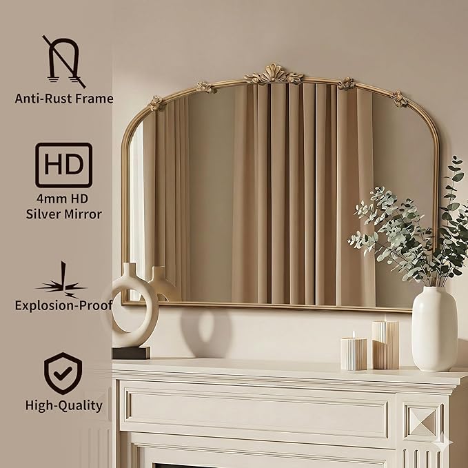 Besdomus Large Vintage Gold Mirror: 40"x30" Traditional Ornate Arched Mirror - French Baroque Antique Mirrors for Wall/Mantel/Bedroom/Entryway/Bathroom/Hallway - Home Decor for Fashion-Conscious