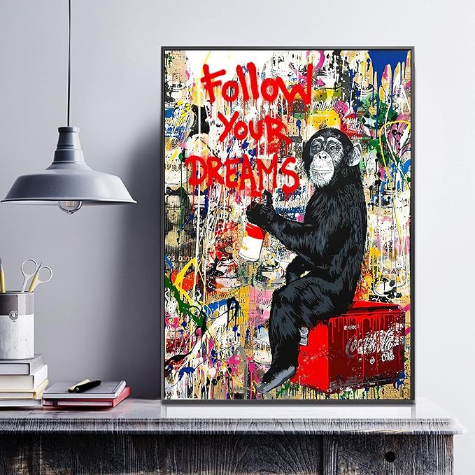 Tanmart Banksy Canvas Wall Art Monkey Follow Your Dreams Street Graffiti Wall Art Banksy Prints Gorilla Poster Monkey Artwork Graffiti Pictures Painting for Home Living Room Decor 16x24 Inch Unframed