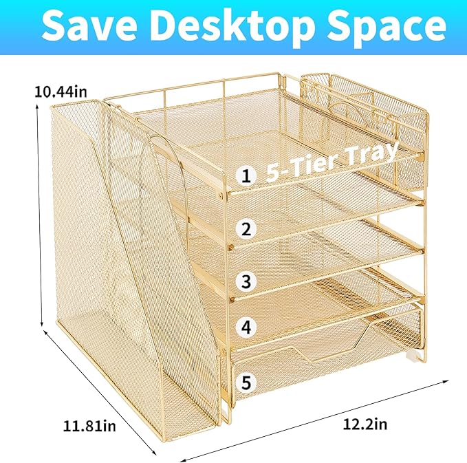 Desk Organizers and Accessories, 5-Tier Paper Letter Tray Organizer with File Holder, Drawer & Pen Holder, Office Desk Accessories, Desktop Organizer for Classroom Office Supplies, Gold