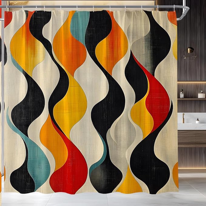 Mid Century Shower Curtain Boho Minimalist Modern Abstract Aesthetic Geometric Striped Atomic Retro Earthy Fabric Bathroom Decor Set with Hooks(70" Wx74.8 H)