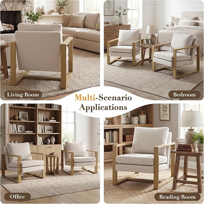 CIMOTA Modern Mid Century Accent Chairs Set of 2 Comfy Armchairs with Armrests Upholstered Reading Lounge Chairs with Metal Frame for Living Room Bedroom Office, Natural Wood Finish Beige
