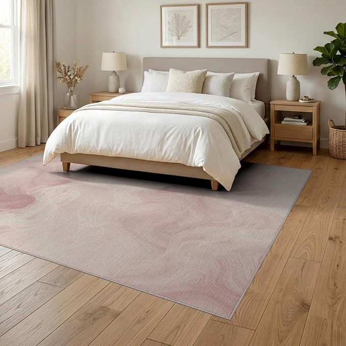 6'x9' Washable Watercolor Swirl Area Rug, Pink Non-Shedding Pet Friendly Room Rug Foldable Easy Care Carpet for Queen Size Bedroom, Under Bed, Master Suite | Ref:2208260