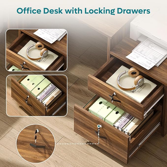 Bestier 55 Inch Wood Computer Desk with Lockable File Drawer, Charging Station & LED Lights - Home Office Desk with Storage Shelves, Printer Shelf & Monitor Stand, Wooden Desk for Study & Work, Walnut