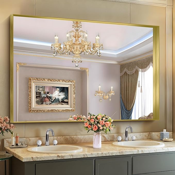 CIRCUMI Gold Bathroom Mirror, 36"x55" Rectangular Mirror with Deep Metal Frame, Brushed Finish, Tempered Glass, Large Mirror for Wall, Over 2 Sinks, Installed Vertically/Horizontally, Crystal-Clear