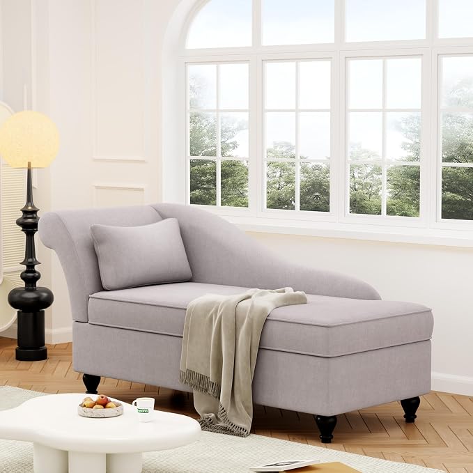 Chaise Lounge Chair Indoor with Storage, Upholstered Chaise Lounge with Left Armrest Recliner Sofa Chair for Living Room Bedroom Office Gray Chenille