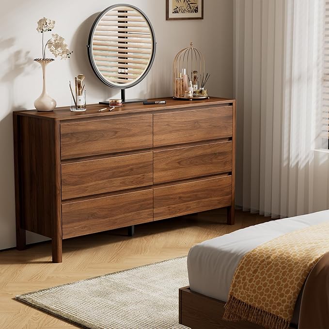 55" Mid-Century Modern Dresser for Bedroom, 6 Drawer Wide Chest of Drawers with Solid Wood Legs, Large Storage Bedroom Dresser, Walnut