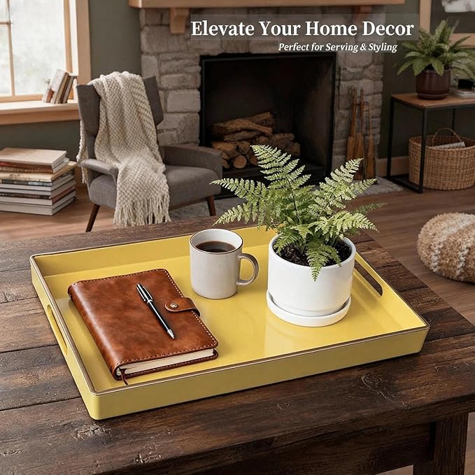 Decorative Tray, Rectangular Plastic Tray with Handles, Modern Vanity Tray and Serving Tray for Bathroom, Kitchen, Ottoman and Coffee Table, 15.6" x 10.2"(Light Yellow)