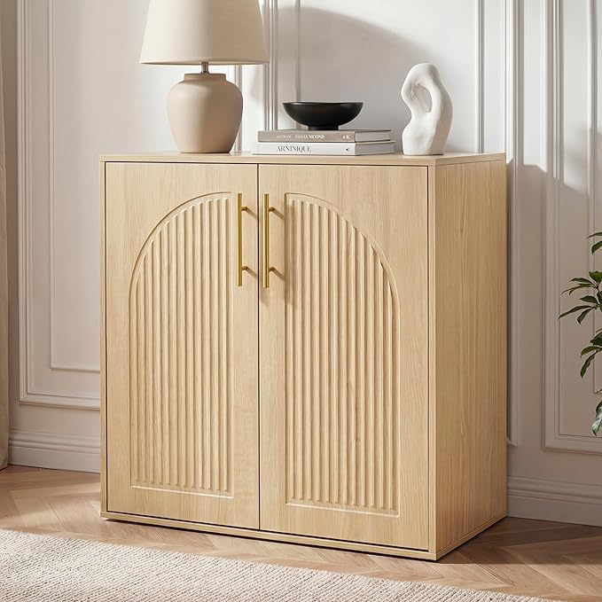 Fluted Sideboard Buffet Cabinet with Storage, Arched Doors & Adjustable Shelves, Modern Accent Credenza, Anti-Tip Console Cabinet for Living Room, Entryway, Hallway & Kitchen,Natural Oak