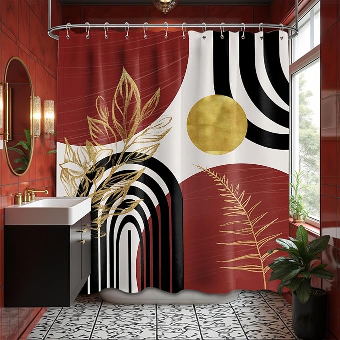 Black and Red Shower Curtain Boho Mid Century Burgundy Dark Red and Gold and White Shower Curtains for Bathroom Decor, Waterproof Cloth Fabric with Hooks, 70" W x 78" L