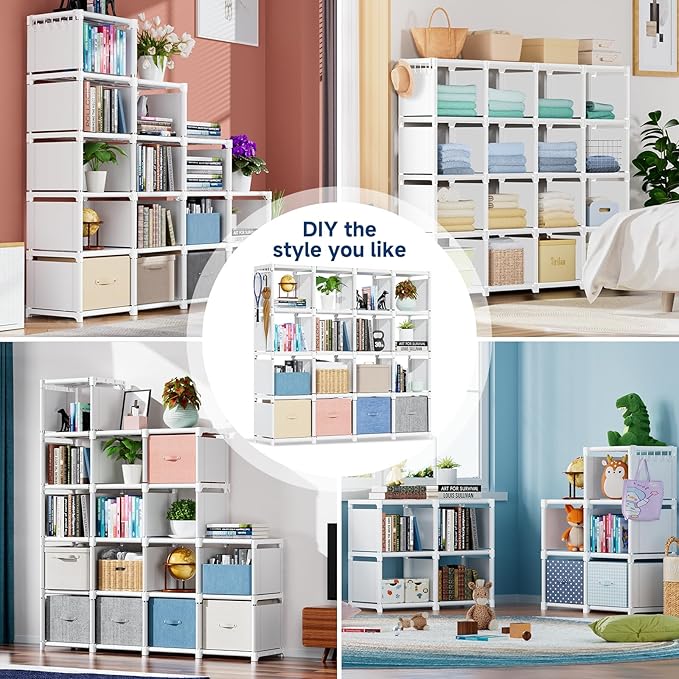 Mavivegue 16 Cube Storage Organizer Book Shelf, Metal Cube Bookshelf, DIY Bookcase, Tall Book Case for Bedroom, Living Room, Office - White