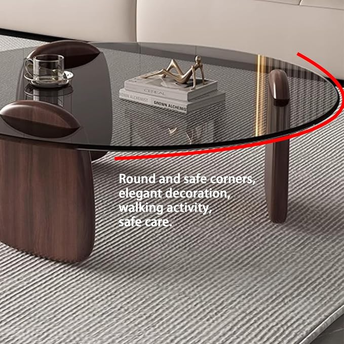 EASYSOUL Modern Round Coffee Table with Glass Top, 27.56" D x 27.56" W x 14.69" H, Circular Tea Tables for Living Room Home Office Industrial Cocktail Tables (Walunt-Grey Glass/27.56")
