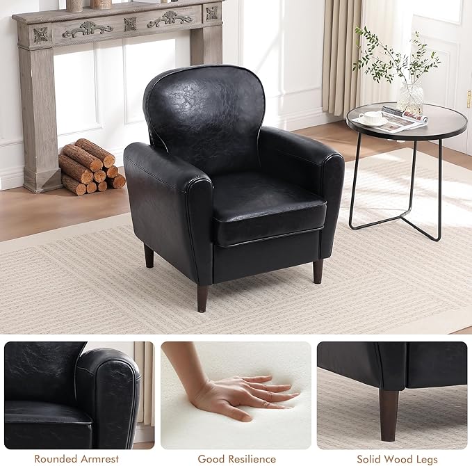Accent Chair Set of 2, Mid Century Modern Faux Leather Arm Chair with Thick Cushion and Back, Comfy Upholstered Reading Chair Single Sofa Chair for Living Room, Bedroom, Club, Black