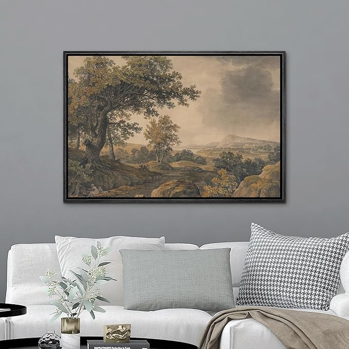 MUDECOR Framed Canvas Print Wall Art Antique Landscape Serene Tree and Mountain Scene Illustrations Realism Decorative Scenic Panoramic Earth for Living Room, Bedroom, Office - 16"x24" Black