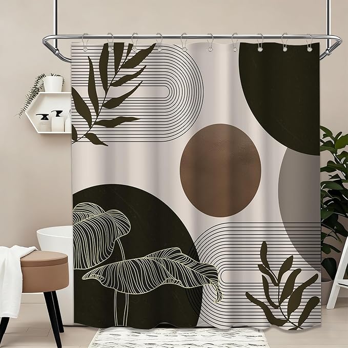 Brown and Beige Shower Curtain Light Brown Tan Taupe Boho Mid Century Modern Shower Curtains for Bathroom Decor MCM Mens Cool Bath Curtain Set, Waterproof Fabric with Hooks 60 x 72 Inch