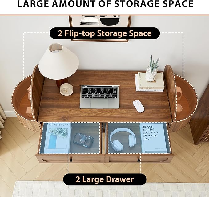 Mid-Century 59" Wood Writing Desk, Home Office Computer Laptop Desk with 2 Flip Storage Space + 2 Drawer, 150 CM Elegant Fluted Vanity Table Multifunctional Study Desk for Office, Bedroom (Wlanut)