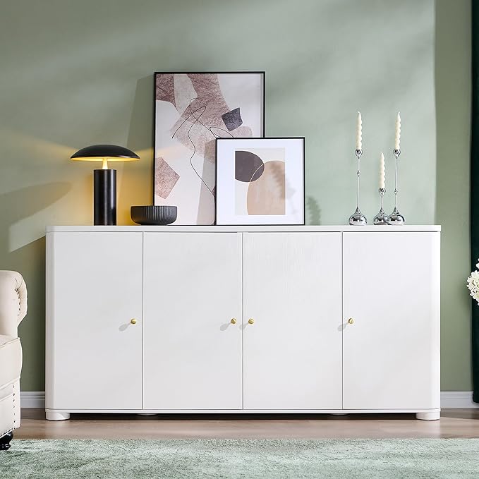 Curved Buffet Cabinet with Doors, 66" Large Sideboard Buffet Storage Cabinet with 4 Doors and Shleves, Modern Coffee Bar Station Wood Kitchen Table for Kitchen, Dining Room, White