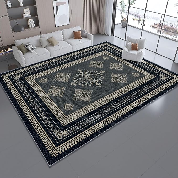 Area Rugs for Living Room, 4x5 Washable Rug Grey Soft Low Pile Non-Slip Carpet Stain Resistant Carpets for Bedroom Dining Room Farmhouse Nursery, Classical Patterned Geometric