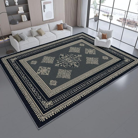 Area Rugs for Living Room, 4x5 Washable Rug Grey Soft Low Pile Non-Slip Carpet Stain Resistant Carpets for Bedroom Dining Room Farmhouse Nursery, Classical Patterned Geometric