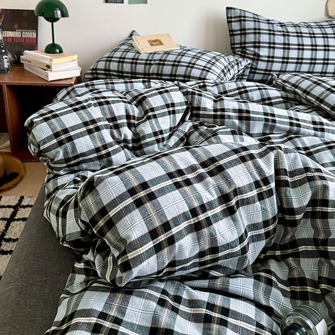 VM VOUGEMARKET Buffalo Gingham Duvet Cover Set Queen,3 Pieces Washed Cotton Bedding Set,Breathable Luxury Plaid Comforter Cover with Zipper Closure for Boys Men(Black&Grey)