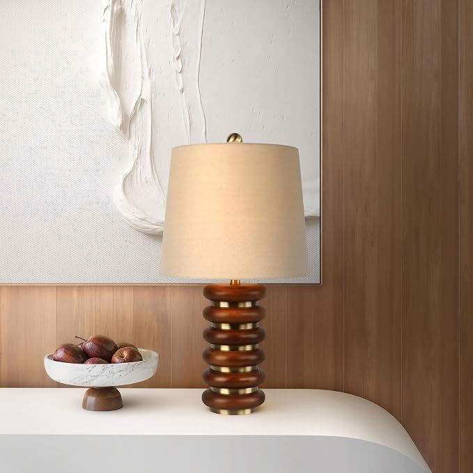 Abani Table Lamp Thalia Stacked Ring 21.5” – Mid-Century Modern Brown Wood Base with Wheat Linen Shade – E26 Bulb Included – Stylish Desk Lamp for Bedroom, Living Room, Dorm or Nightstand