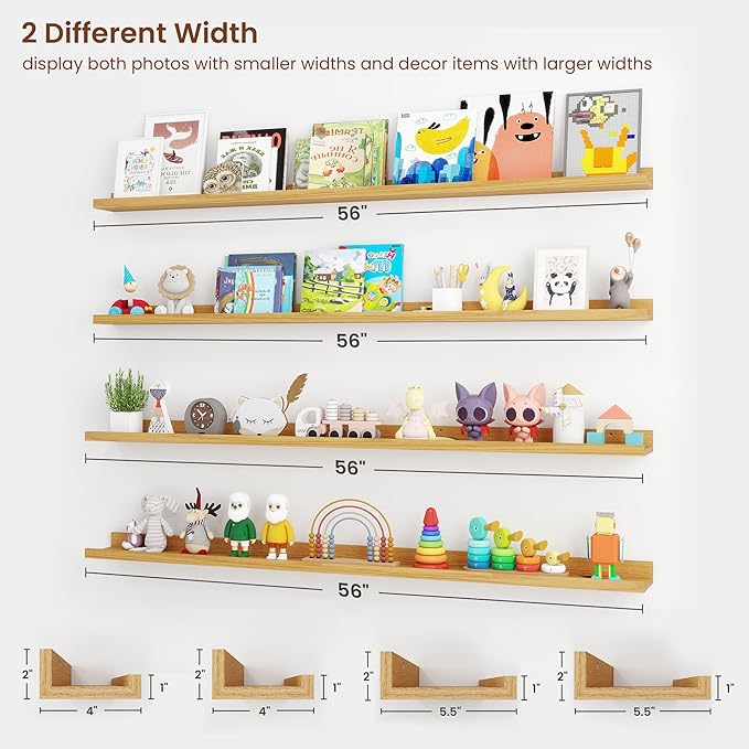 Axeman Picture Ledge Shelf | 55 Inch Oak Floating Shelves Set of 4 | Rustic Wood Wall Shelves with Lip | 55" Oak Picture Shelves for Wall with Ledge | Photo Shelves