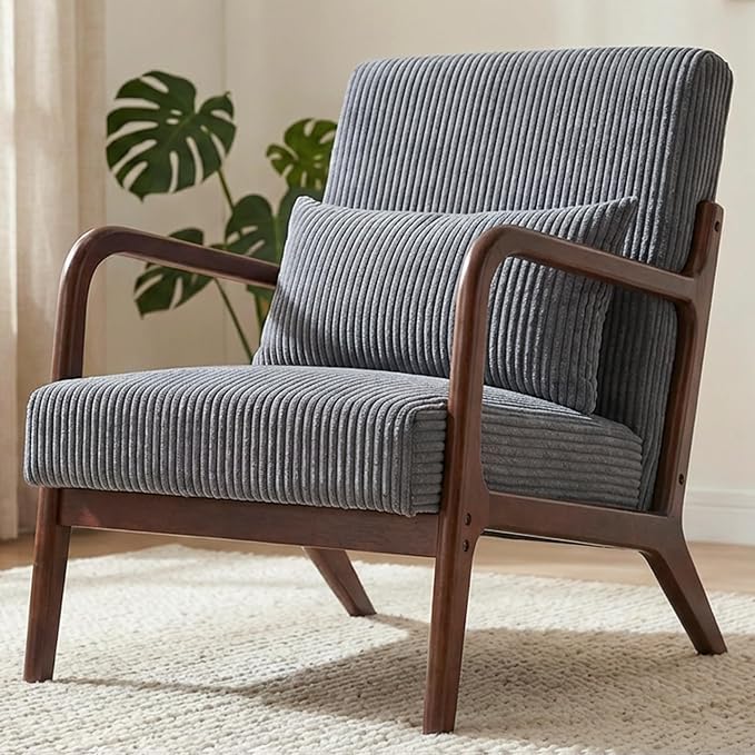 Accent Chairs, Mid Century Modern Chair with Pillow, Arm Chair with Solid Wood, Reading Relaxing Leisure Chair for Living Room, Waiting Room,Grey