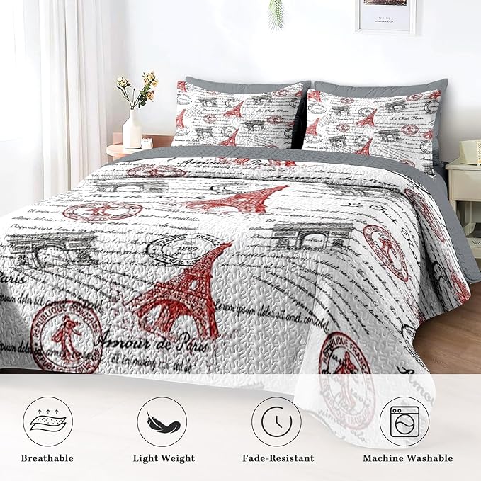 Pamnest Quilt Set Full/Queen Size, Paris Vintage Eiffel Tower 3 Pcs Soft Bed Cover Bedding Set for Kids and Adults, France Old Iron Lightweight Bedspread Coverlet with Pillow Sham for All Season