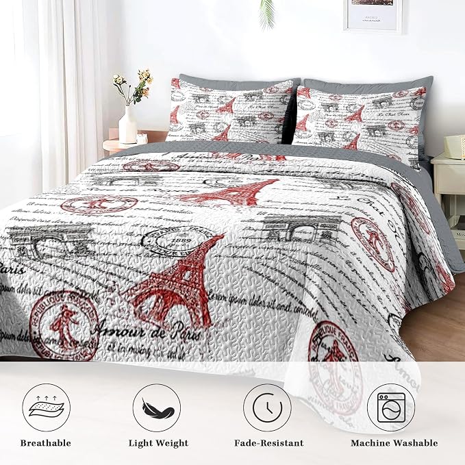 Pamnest Quilt Set King Size, Paris Vintage Eiffel Tower 3 Pcs Soft Bed Cover Bedding Set for Kids and Adults, France Old Iron Lightweight Bedspread Coverlet with Pillow Sham for All Season