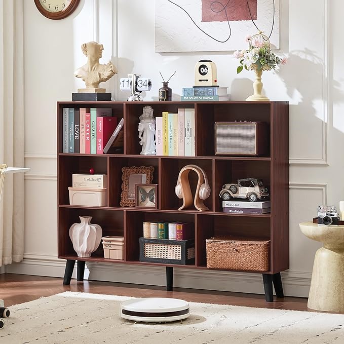 LEYAOYAO 10 Cube Bookshelf, 3 Tier Vintage 55" Wide Bookcase with Legs, Mid-Century Wood Bookshelves Storage, Walnut Large Book Case, Freestanding Organizer Display Shelf for Living Room, Office