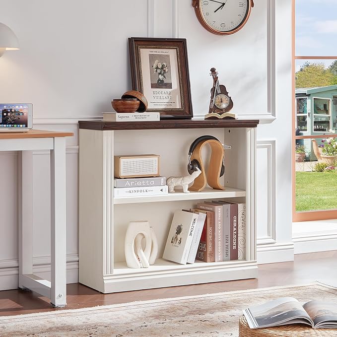 RWYHG 30" White Bookshelf Set of 4,2-Tier Thick Wood Book Shelf with Adjustable Shelve,Free Standing Farmhouse Bookcase with Open Display Storage,Floor Vintage Bookshelves for Living Room,Office