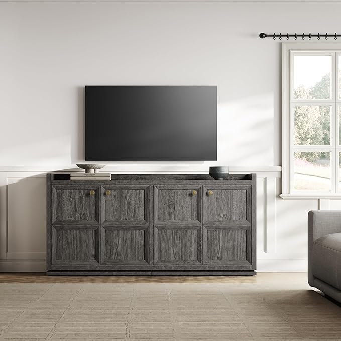 SICOTAS 61" Sideboard Buffet Cabinet with Storage, Extra Long 4 Door & Adjustable Shelf, Modern Accent Coffee Bar Console Table for Kitchen, Living Room, Hallway, Dark Gray Oak
