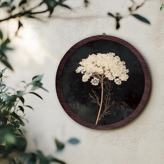 TFKFJLF Vintage White Flowers Wall Hanging Prints Frame, Dark Rustic Round Wooden Prints, Cottagecore Botanical Flower Wooden Walls for Home Bedroom Living Room Decor, 10x10 Inch