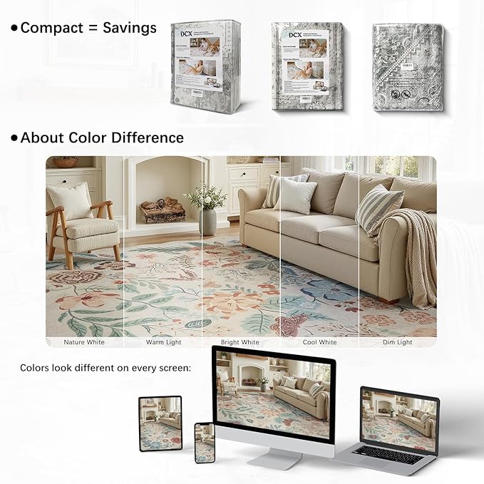 DCX Beige Floral Rug 2x6, Washable Beige Rug for Living Room, Kid & Pet Friendly with Rubber Back Non Slip, Soft Low Pile Carpet, Stain Resistant Rug for Bedroom, Nursery, Dining Room