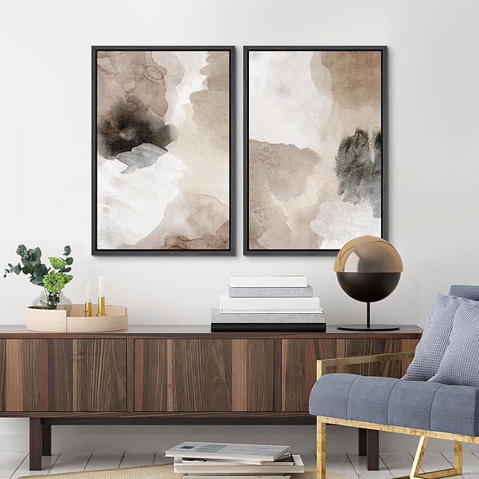 MUDECOR Framed Canvas Print Wall Art Watercolor Brown White Black Collage Abstract Shape Illustrations Modern Art Decorative Bohemian Colorful Chic for Living Room, Bedroom, Office - 24"x36"x2 Black