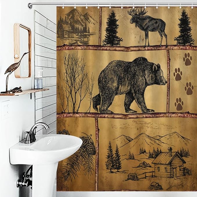 Rustic Cabin Vintage Bear Shower Curtain, Farmhouse Country Antique Bear Moose Forest Vintage Wood Camping Waterproof Shower Curtains for Bathroom Decor 12 Pack Hooks 55x72in（140x183cm）