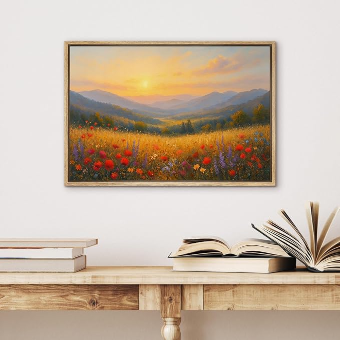 SIGNWIN Framed Canvas Print Wall Art Sunlit Wildflower Valley Bright Sunrise Landscape Decorative Multicolor Colorful Rustic for Living Room, Bedroom, Office - 16"x24" NATURAL
