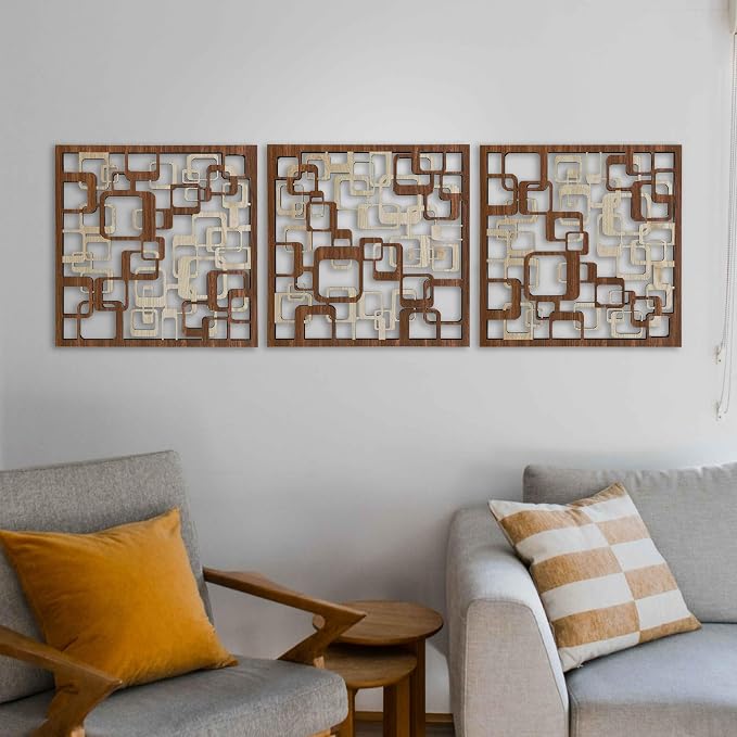 Decorative Wood Wall Art Large, Abstract Geometric Wooden Wall Art, Retro Inspired Plaid Wood Wall Panels, Aesthetic Modern Home Gift
