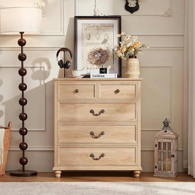 Farmhouse 5 Drawer Dresser for Bedroom, 35" Tall Rustic Chests of Drawers w/ 4 Solid Wood Feet, Mid Century Modern Wooden Closet Storage Dressers Organizer for Living Room, Hallway,Natural