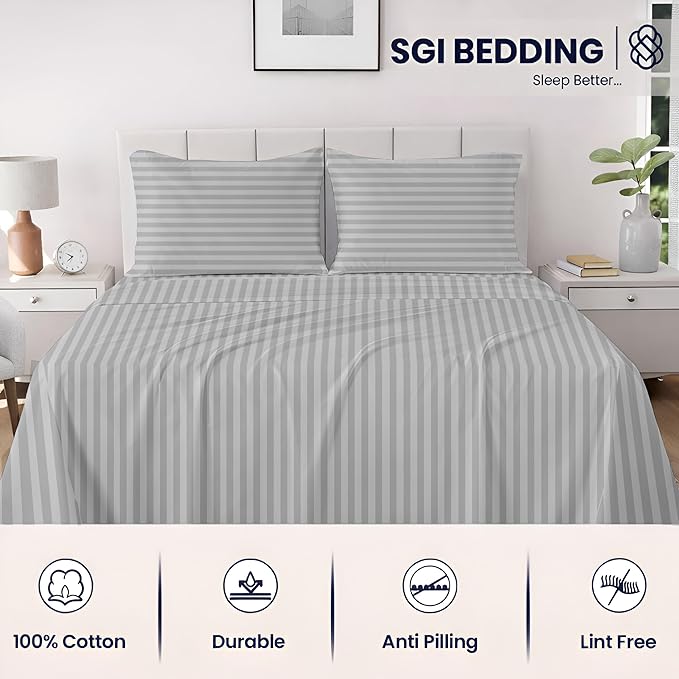 SGI bedding 100% Egyptian Cotton Sheets California King Size – 600 Thread Count Sheets Set, Soft, Cooling, 15" Deep Pocket, Luxury Hotel Bedding, Breathable, Durable - Light Grey Stripe