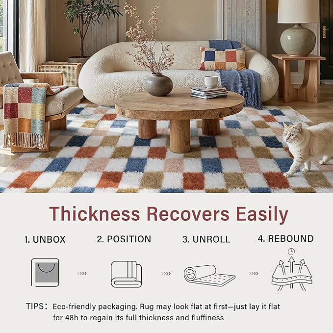 Checkered Rug 5x5 for Living Room, Modern Rainbow Shag Super Soft Washable Fluffy Rugs Indoor Fuzzy Carpet for Bedroom Home Dorm Aesthetic Decor