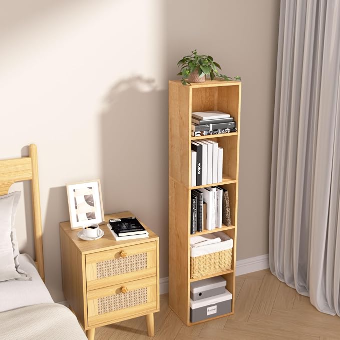 5-Tier Wooden Cube Storage Organizer, 52 Inch Tall Bookcase & Display Shelf with 5 Open Cubes, Freestanding DIY Closet Shelving Unit for Living Room Bedroom Office (Oak, 5 Cube-W(11.8inch)
