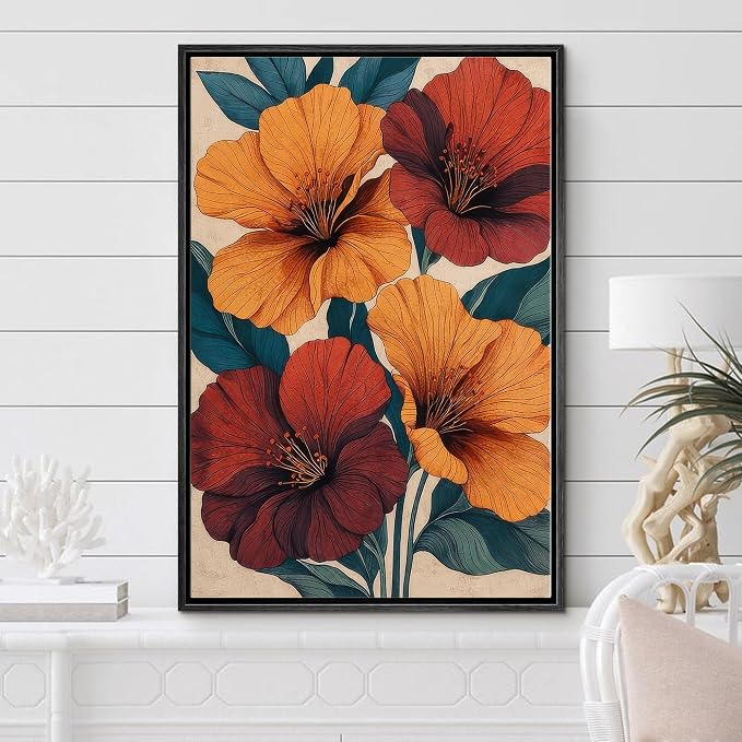 Woodrose Framed Canvas Print Wall Art Vibrant Hibiscus Floral Botanical Illustrations Modern Art Minimalist 3D Colorful Ultra for Living Room, Bedroom, Office - 24"x36" BLACK