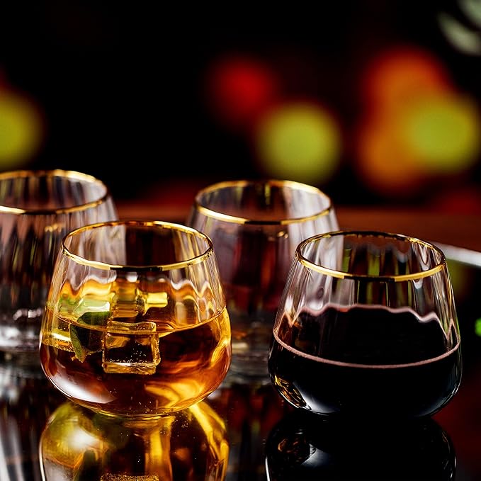 Lysenn Stemless Wine Glasses Set of 4 - Premium Hand Blown Drinking Glasses for White and Red Wine - Elegant Wide Vertical Stripe and Gold Rim Design - Clear 11.8oz