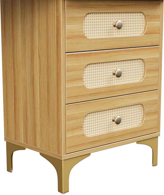 47" Mid-Century Modern Makeup Vanity Table with Mirror & Lights Vintage Vanity Desk with 3-Color Dimming Light 5 Drawers 3 Open Shelves Natural Wood Vanity with Rattan Decor & Metal Legs